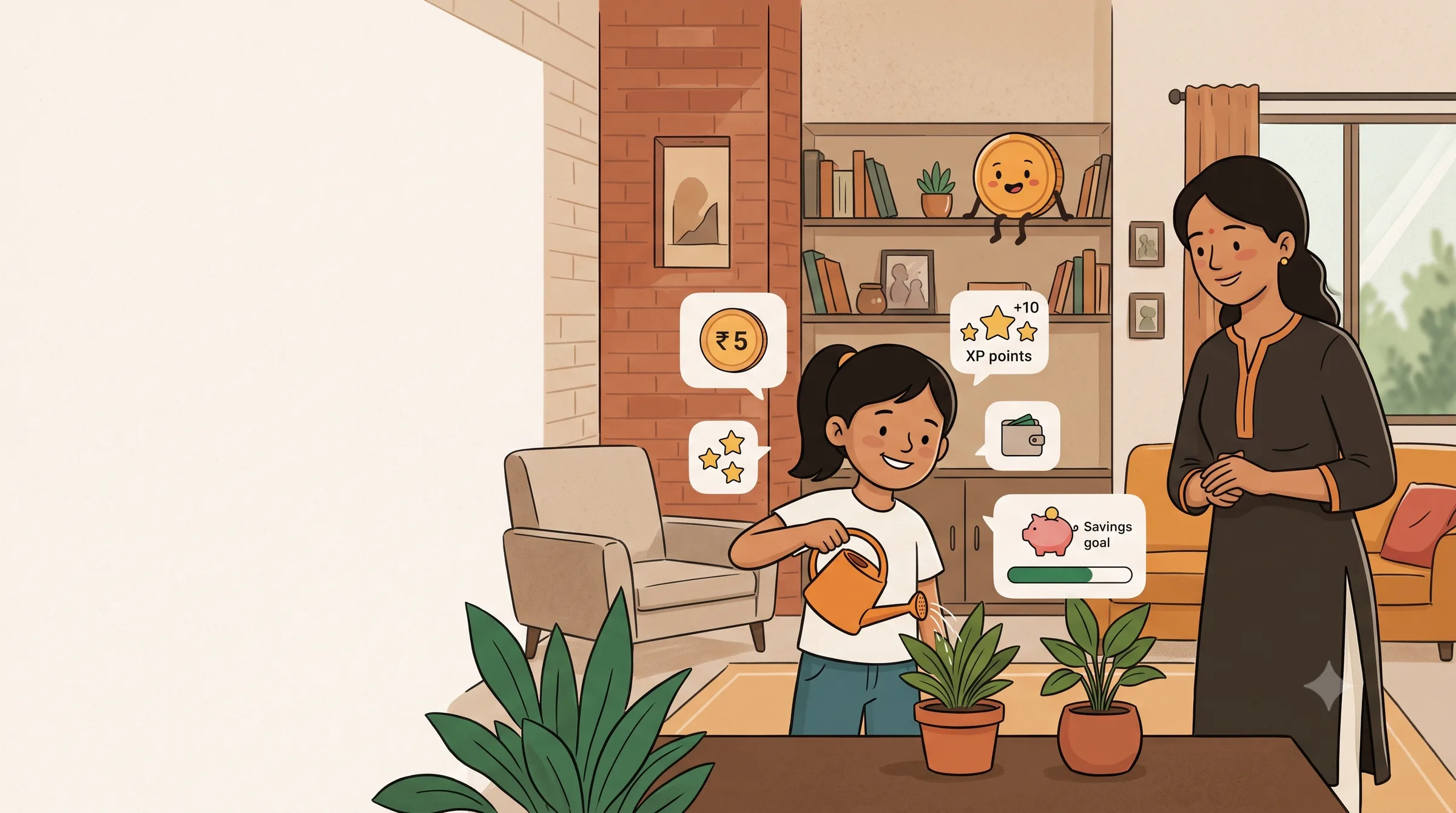A child waters plants while a parent watches; callouts show a virtual ₹ coin, XP, a wallet and a savings goal.